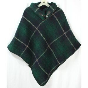 NEW Fadivo Plaid Tartan Fleece Faux Leather Trim Cowl Neck Poncho Cape Shawl M